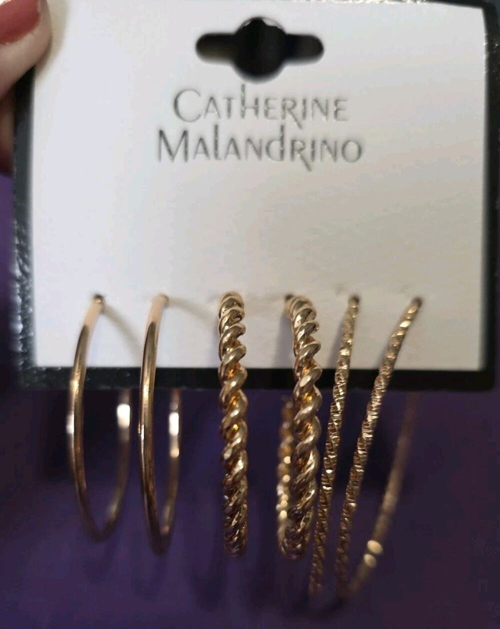 Catherine Malandrino Set Of Three Pairs Gold Tone Hoop Earrings 1.5" & 2" New